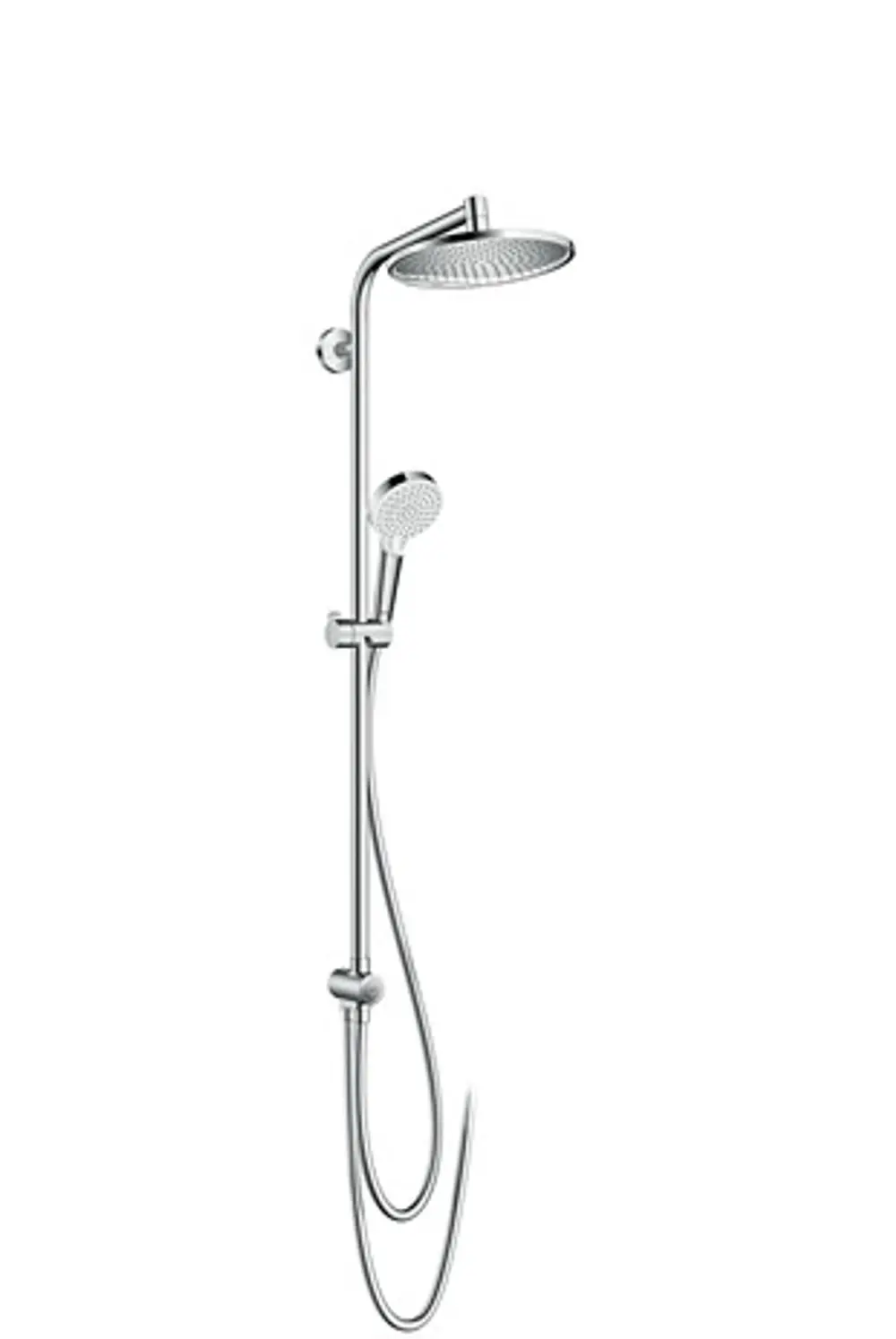 Hansgrohe Duschsystem mit Regendusche und Handbrause, verchromte Oberfläche, an Wand montiert, mit flexibler Schlauchführung und Einstellmöglichkeiten.